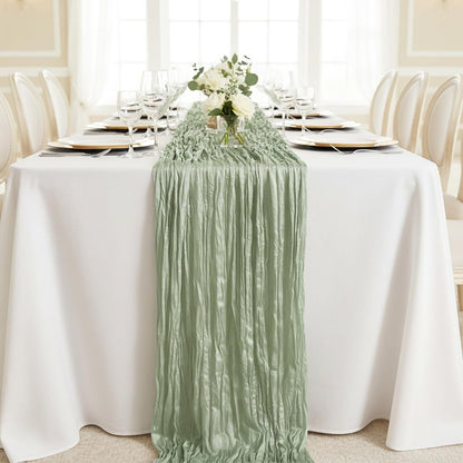 Sage Green Table Runner 35x120 Inch Cheesecloth Table Runner 3 Pack for Baby Shower, Boho Decor, Wedding Decoration, Jungle Theme Party