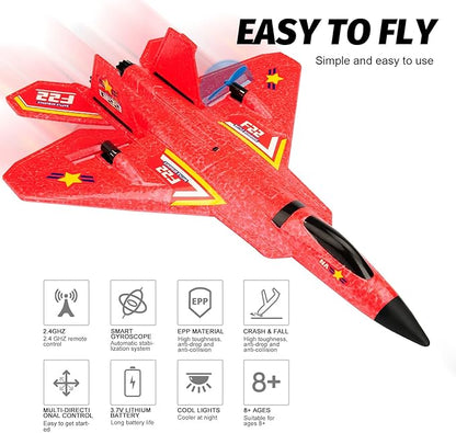 Remote Control Plane F-22 Raptor 2.4GHz Durable Foam Rc Airplane with Smart Gyro/LED Lights/3 Rechargeable Batteries RC Jet Glider Toy Gift for Kids Boys Girls 8-16 Year Old (Red)