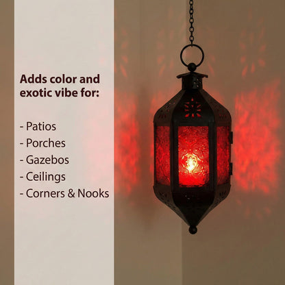 Vela Lanterns Hanging Moroccan Lamp - Exotic Decorative Patio & Porch Decor, Indoor Outdoor Tea Light Candle Lantern Holder with Chain (11" Medium, Red Glass)