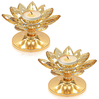 2 PCS Gold Crystal Flower Tea Light Holder, Glass Tealight Candlestick with Metal Base, Votive Candle for Table Centerpiece, Wedding/Parties Decor, Nice Gift