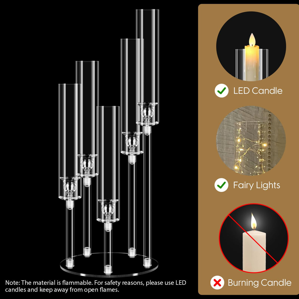 5 Arm Acrylic Candelabra Centerpieces for Tables,8 Sets Clear Candle Holder for Wedding,Home Decor,Table Decorations,22.8" Tall Candlestick Holders with Lampshade, Fits LED Candle
