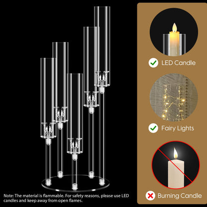 5 Arm Acrylic Candelabra Centerpieces for Tables,8 Sets Clear Candle Holder for Wedding,Home Decor,Table Decorations,22.8" Tall Candlestick Holders with Lampshade, Fits LED Candle