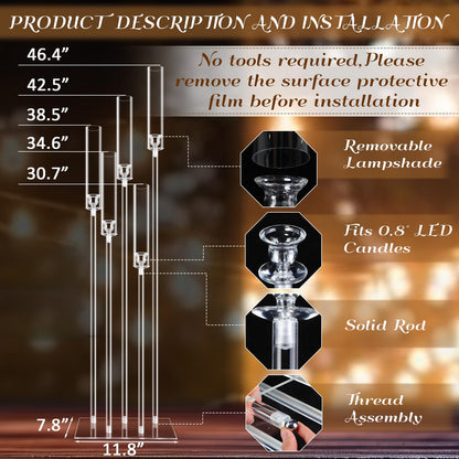 Tessco for you 2 Set 5 Arms Acrylic Candelabra Centerpieces 46.4'' Tall Clear Candle Holders Wedding Table Centerpiece Floor Candle Stand with Acrylic Shade Fit 0.8'' LED Candles for Home Party