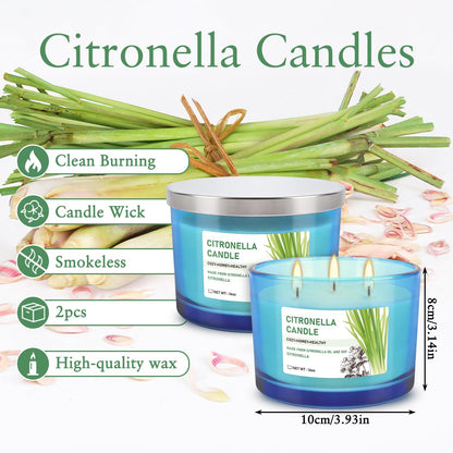 2x14oz Large 3-Wick Outdoor Indoor Citronella Candles, Long Lasting to 30 Hours, Scented Natural Soy Candle for Garden Camping Party Yard Balcony
