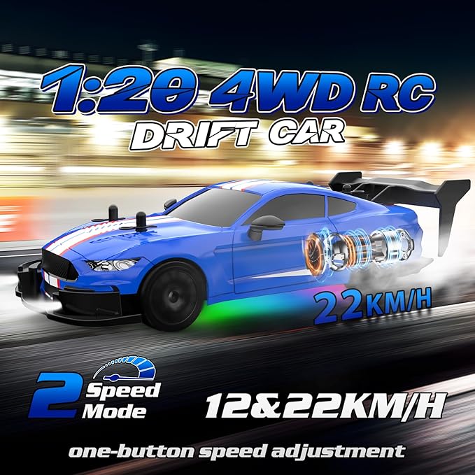 RC Drift Car 1/20 Scale 2.4GHz 4WD Remote Control Car with Led Lights 22KM/H High Speed Rechargeable Batteries Racing Sport Cars RC Cars for Kids Boys Girls Adults Gifts Birthday Christmas
