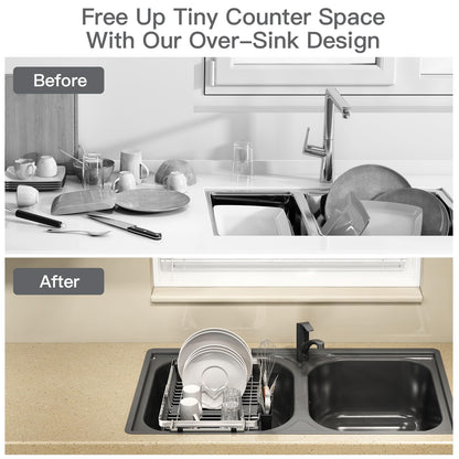 MAJALiS Dish Drying Rack Over The Sink, Expandable Stainless Steel Dish Drainer for Small Kitchen Counter Space Saving, RV Compact Plate Strainer In Silver Metal with Hanging Adjustable Utensil Holder