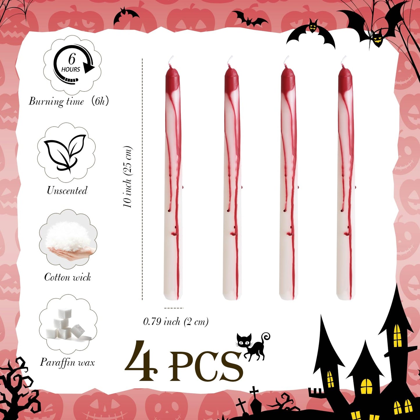Zhengmy 4 Pack Halloween Vampire Tears Taper Candles, 10 Inch Tall Bleeding Candles Blood Drip Spooky Gothic Candlesticks for Halloween Vampire Home Party Decorations Supplies(White)