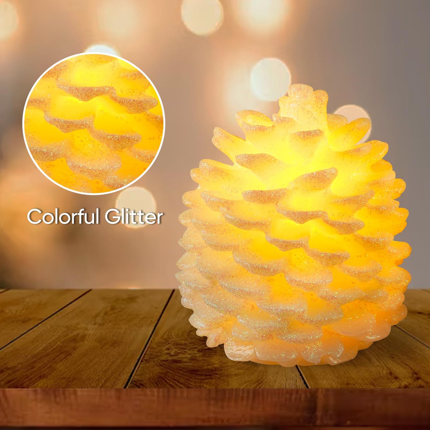 Homemory 2 Pcs Pine Cone Candles Flameless, White LED Flickering Lights with 6 Hours Timer, Battery Operated Candles for New Year Celebration Holiday Decorations D4.3 x H4.7 Inches