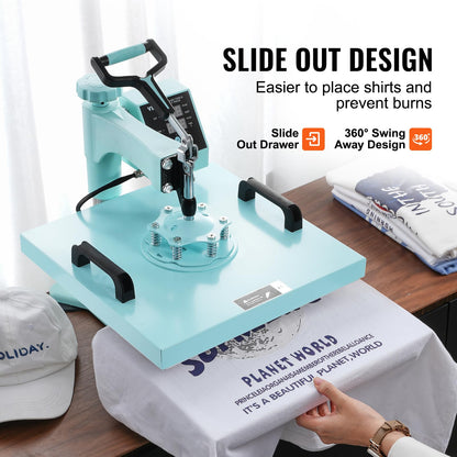 VEVOR 15x15 Heat Press Machine 8 in 1 Combo with 30 OZ Tumbler Press & Hat Press, Slide Out Heat Press Sublimation Machine for T-Shirts, Hats Caps Tumblers Glass Cans Mugs, and Plates (Light Green)