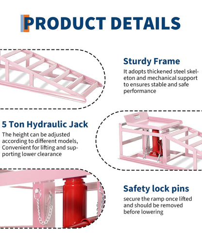 Hydraulic Car Ramps 2 Pack, 11000 LBS/5T Heavy Duty Steel Auto Service Ramps, Repair & Maintenance, 9.4"-13.34" High Lift for Truck, Vehicle, SUV, Garage, Oil Changes, Pink