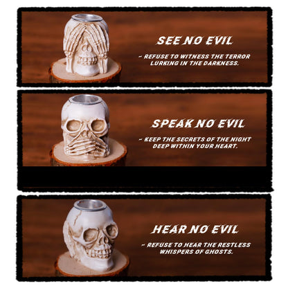 Gothic Skull Taper Candle Holders, 3pcs - See No Evil, Hear No Evil, Speak No Evil, Halloween Candle Holders, Horror-Themed Spooky Home & Halloween Decorations