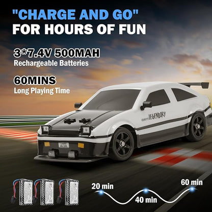 RC Drift Car 1:16 Scale AE86 Model RC Drift Car 4WD 18KM/h High Speed Remote Control Cars with LED Lights Spray Drifting Tires Sport Racing On-Road Vehicle for Teens Adults