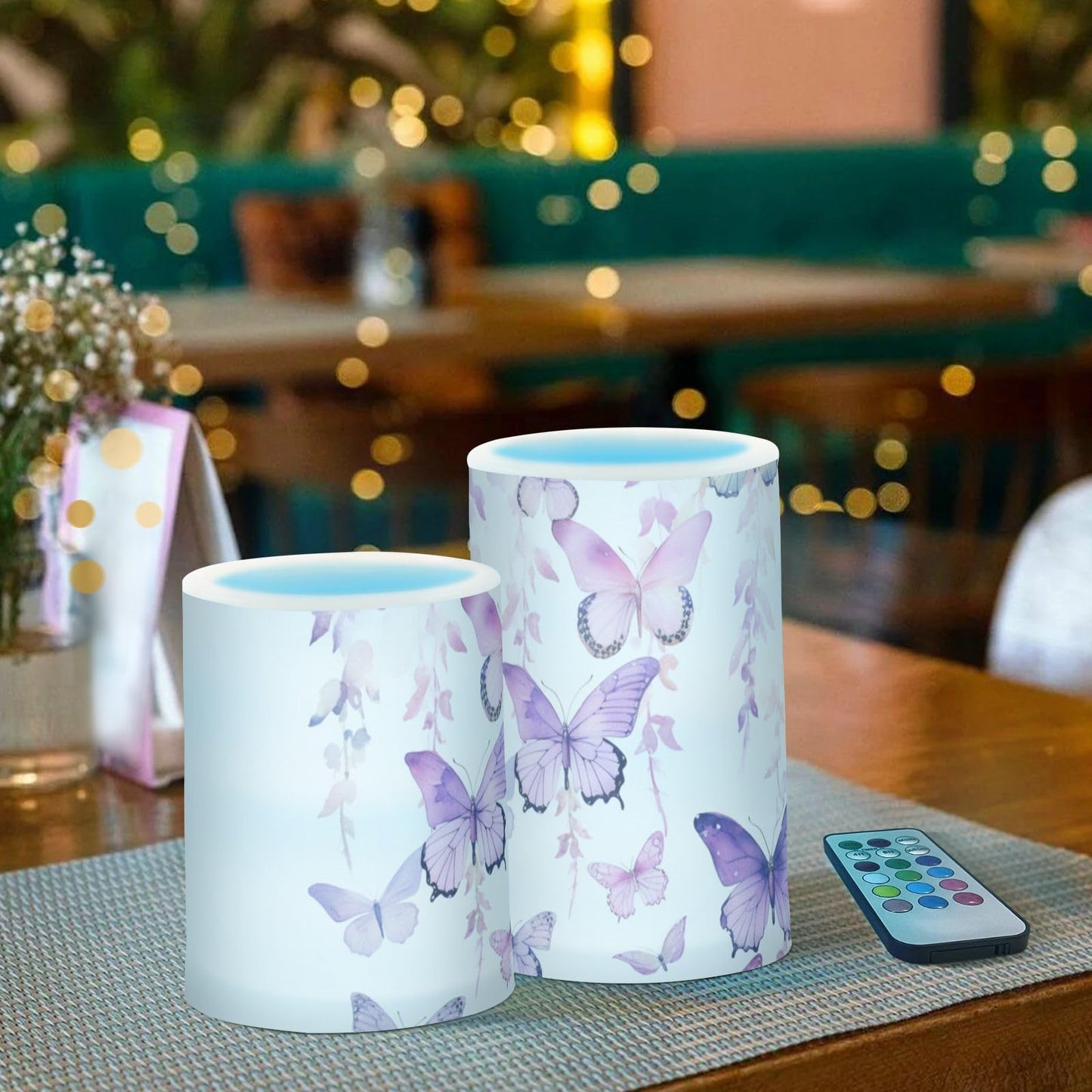 Lights Flameless Candles Purple Butterfly Leaves Pillar Candles Set of 2 Battery Operated Remote Control Warm Lights Home Decor