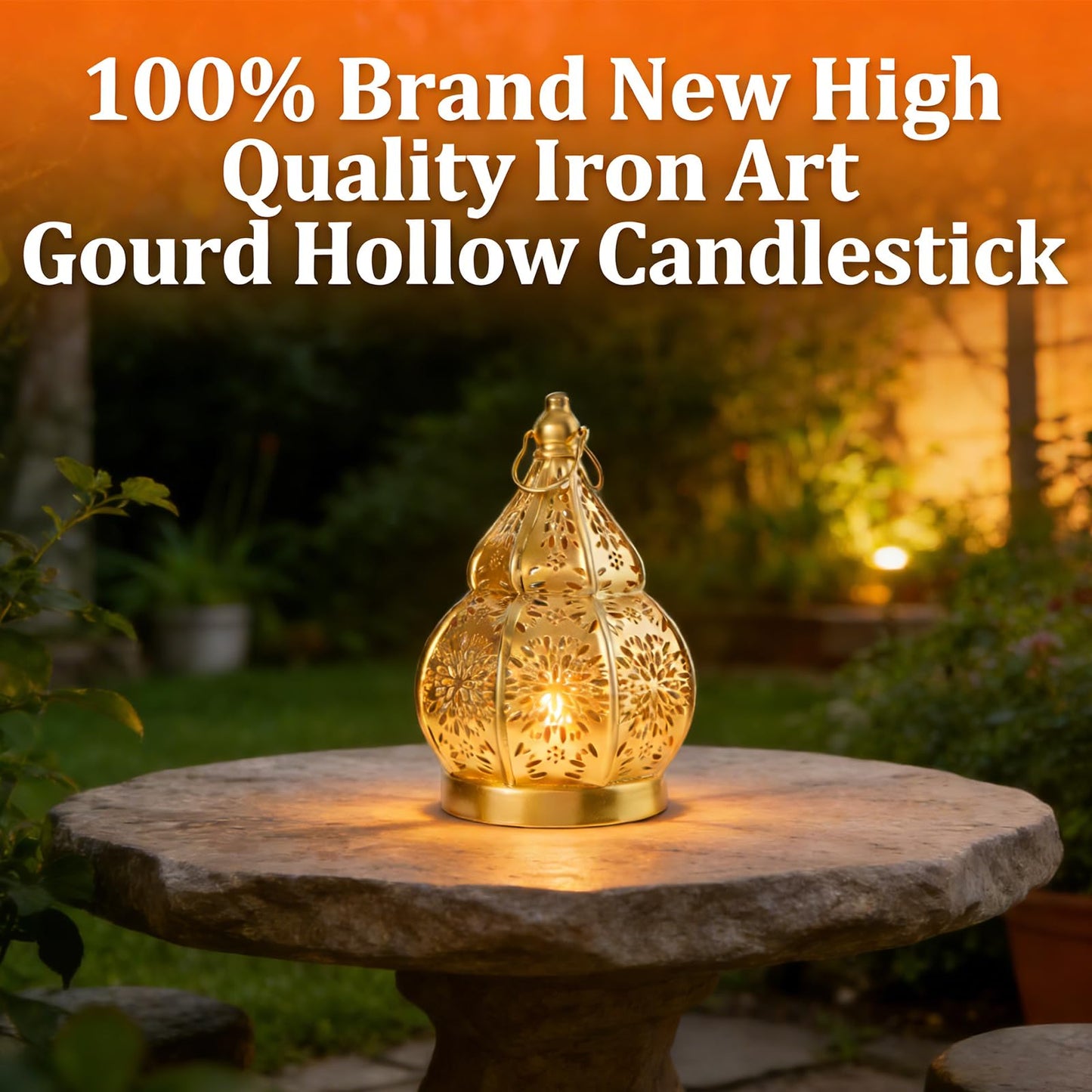 1pcs Iron Gourd Hollow Candle Holder Projection Ambient Decor for Home Garden Courtyard Decorative Ornament (Black)