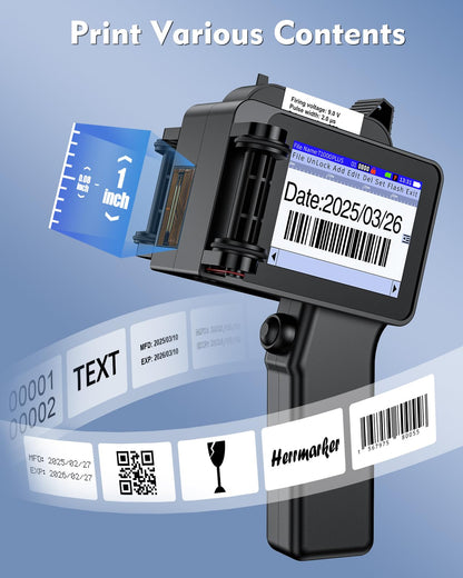 Mini 1" Handheld Inkjet Printer Gun, T1000Plus Handheld Printer Printing Height 0.08-1Inch Inkjet Coder with 42ml Fast-Drying Ink for Text QRCode/Barcode/Batch Number/Date Printer with Touch Screen