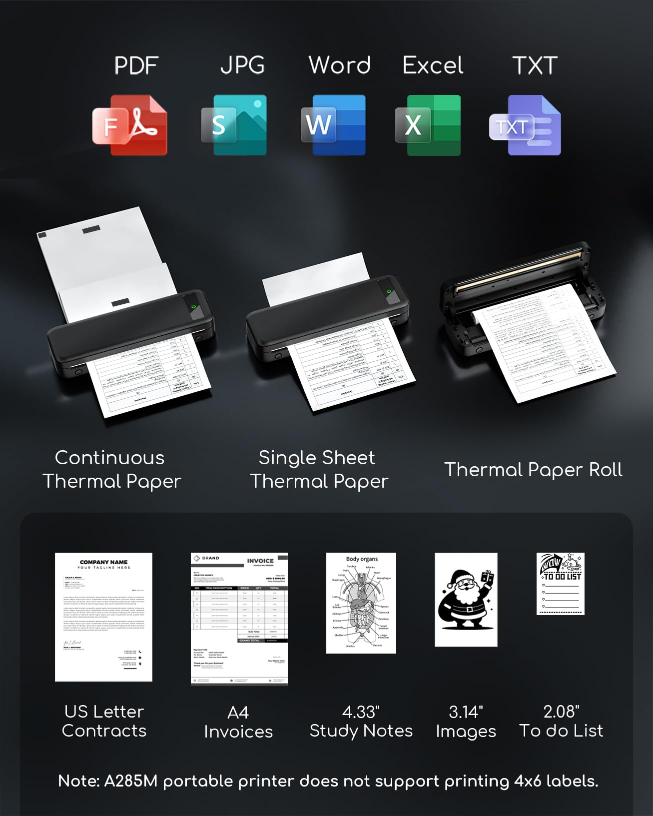 Portable Printers Wireless for Travel, A285M Small Inkless Thermal Printer, Bluetooth Mobile Printer Support 8.5" X 11" Letter & A4 Thermal Paper, Compatible with iPhone Laptop for Home Office Receipt