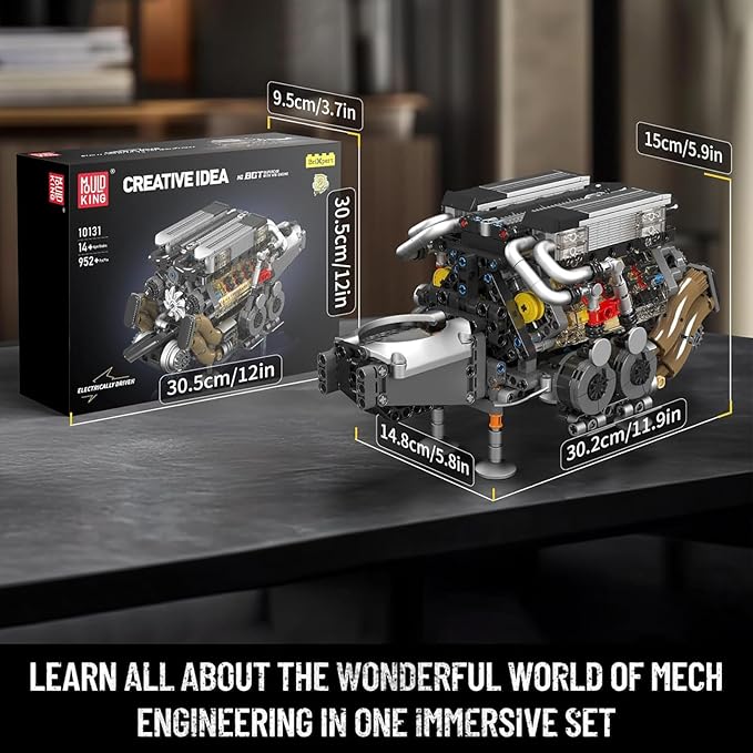 Mould King W16 Engine Building Blocks Set Combustion Engine Model That Runs Mini Engine Build Kit for Adults with Battery and Motor Engineering Construction STEM Toy for Teens(952 Pcs)