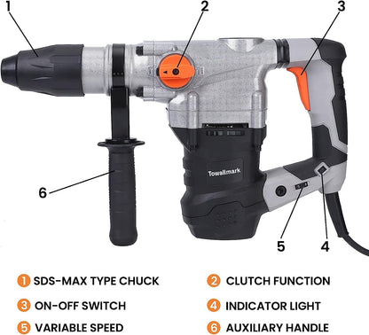 1600W Rotary Hammer Drill - 1-9/16", 13-Amp, 3600BPM, 9J - 3 Functions Demolition for Concrete, Stones, Brick walls - Includes Drill Bits, Point, Carrying Case