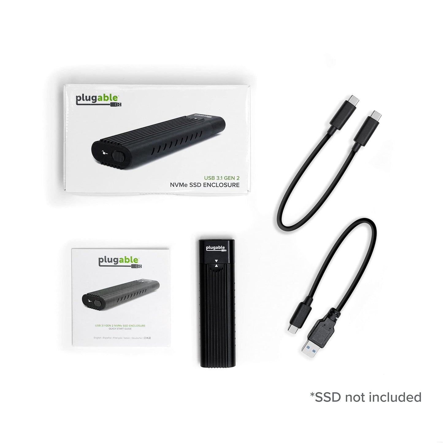 Plugable M.2 NVMe SSD Enclosure; Tool-Free & Driverless, USB 3 Type-C, Including Thunderbolt and USB4, at 10Gbps. for M.2 NVMe SSDs 2230 to 2280 PCIe Gen 3 and 4. USB Cables Included