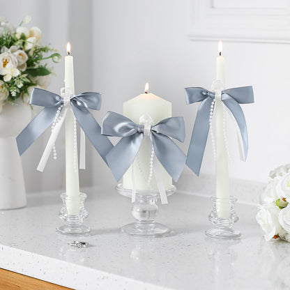 Conelist 3 Pcs Unity Candles for Wedding with Satin Bow and Glass Candle Holder Coquette Unity Pillar and Taper Candles Set Wedding Ceremony Reception Decor for Formal Events Church(Dusty Blue)