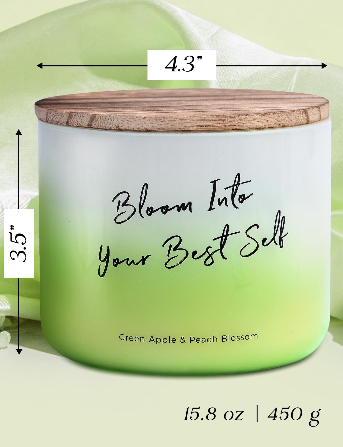 Green Apple Peach Blossom Scented Soy Candle - Large 3-Wick Aromatherapy Candle for Home, 15.8oz - Fresh Fruity Scent - “Bloom Into Your Best Self” Quote - Inspirational Home Decor Gift