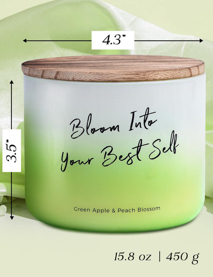 Green Apple Peach Blossom Scented Soy Candle - Large 3-Wick Aromatherapy Candle for Home, 15.8oz - Fresh Fruity Scent - “Bloom Into Your Best Self” Quote - Inspirational Home Decor Gift