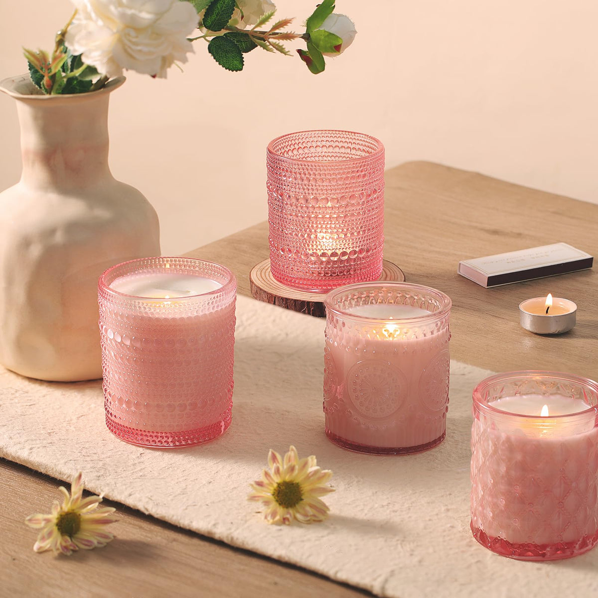 DARJEN 12 Pack Pink Candle Jars for Making Candles- 3 Styles Glass Candle Making Jars Bulk with Bamboo Lids and Labels, Candle Making Supplies Candle Vessels for DIY Gifts