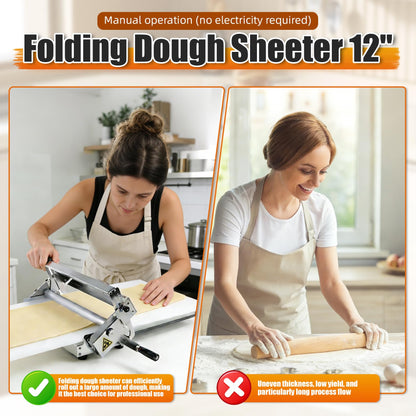 Folding Dough Sheeter (12")，Folding Dough Rolling Machine，Manual Dough Sheeter，Dough Sheeter Machine For Home，Stainless Steel Dough Machine With 55 Adjustable Thicknesses,(1 Scrolling Panel)