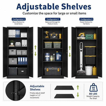 GarveeHome 71in Heavy-Duty Locking Steel Storage Cabinet, Double Doors, Four Adjustable Shelves, for Garage Pantry Office Workshop, Black