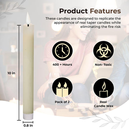 comforder Flameless Taper Candles – Flickering LED Flame with 6H Timer – Real Wax, Ribbed Design – Battery Operated Set of 2 – 10" Tall (Cream)
