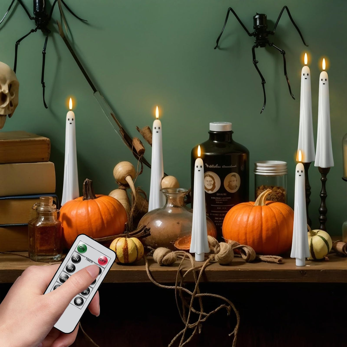 DRomance Flickering Flameless Taper Candles with Remote and Timer, 2 Pack Battery Operated LED Taper Candles 3D Wick Plastic Dripping Effect Dinner Halloween Indoor Decor(Orange, 0.78" D x 9.65" H)