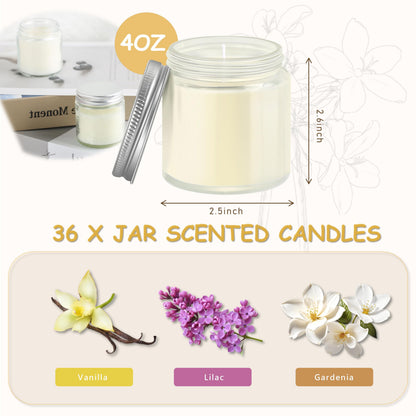 ACITHGL 36 Pcs 4oz Mini Mason Jar Candles Small Scented Candles Bulk Aromatherapy Ideal Souvenir Favors for Wedding Birthday Party (Vanilla, Lilac, Gardenia, Silver)
