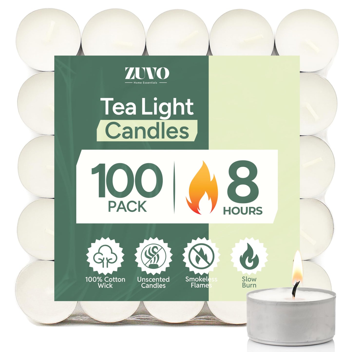 Zuvo Tea Lights Candles 8 Hour Burn (100 Pack) - Unscented White Tealight Candles, Long Burning Smokeless Tea Lights for Weddings, Home, Shabbat, Emergency - European Made, Lead-Free Cotton Wick