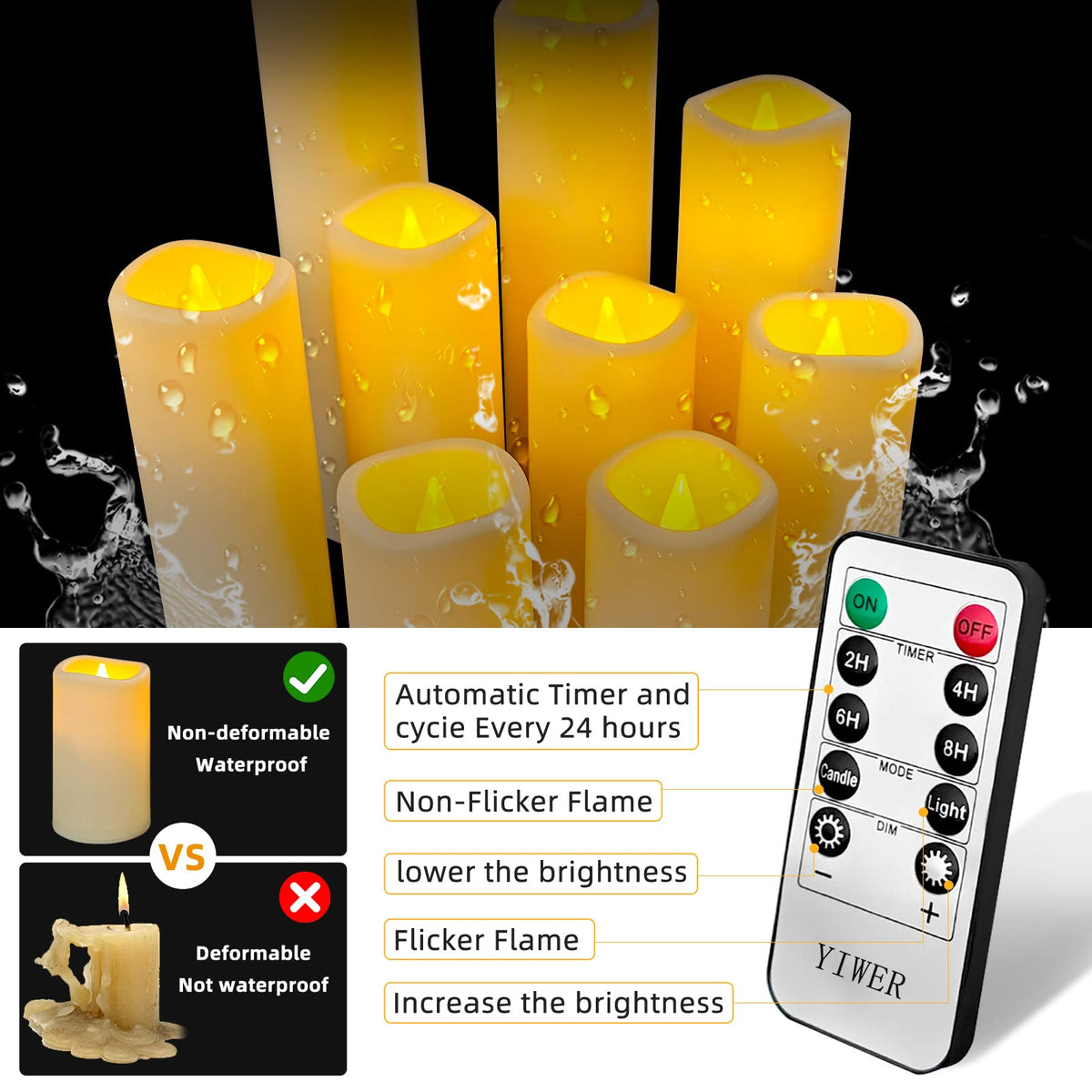 YIWER Plastic Waterproof Flameless Candles Set of 27: Battery Operated Candles Ivory Flickering Pillar Candles Include 4"/5"/6"/7"/8"/9" with 10-Key Remote 2/4/6/8H Timer Function