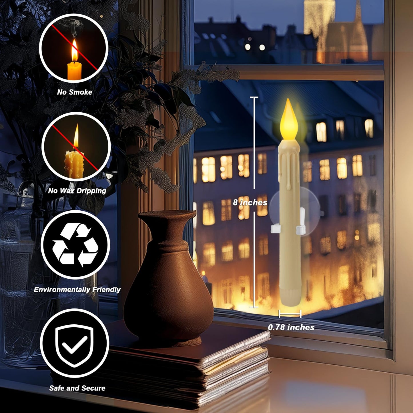 Meigic 6 Pcs Sensor Dawn to Dusk Window Candles, Flickering Battery Candles for Windows, Ultra Bright Fake Candle Lights with Suction Cup, Led Candlesticks for Xmas Home Decor, Warm Yellow Light
