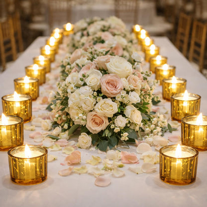 Mumufy 50 Pcs Glass Tealight Candle Holder Ribbed Votive Candle Holder for Centerpiece Wedding Proposal Spa Aromatherapy Meditation Home Decor (Gold)