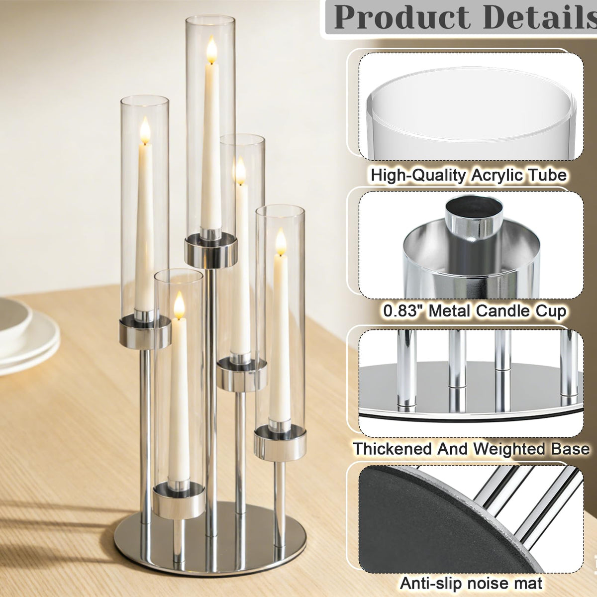 KEHAIL 2 Pcs 5-Arm Silver Metal Table Candelabra Centerpiece, 22" Tall Clear Candlesticks Holder with Shade for Valentines Day Events Party Table Centerpiece,Fit LED Candles