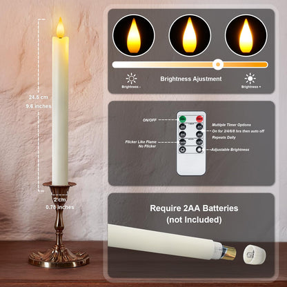 Meigic 6 Pcs Flameless Taper Candles with Remote Timer, Battery Operated Window Candles, 9.6 inches White Plastic LED Candlesticks, for Halloween Christmas Church Wedding Decor