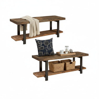 Alaterre Furniture Pomona Dining Bench Set of 2-48-Inch Modern Industrial Solid Wood Indoor Benches with Open Bottom Storage Shelf - Seating for Kitchen, Dining Room, and Living Room (Rustic Brown)