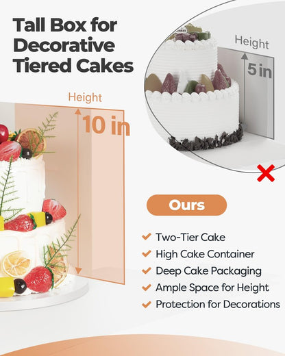 Kootek Cake Box with Board Drum, 10x10x10 Inches Tall Bakery Box with Window, Disposable Cake Container with Lid for Cake, Treat Cookie Dessert, Pastry, Birthday Party, Weddings