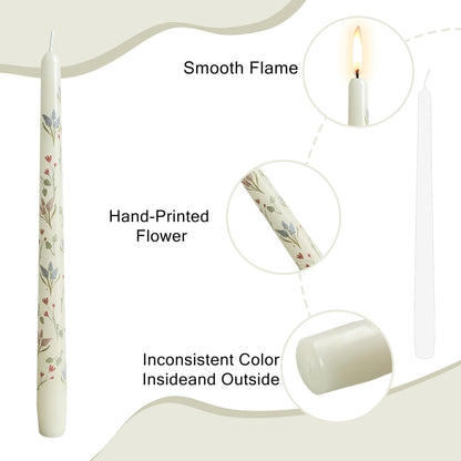 Hyacinth Printed Taper Candle Dripless Candles Sticks - 4 pcs Handmade White Taper Candle 10 inches Long Tapered Candles for Home Party Wedding Restaurant Holiday Decor