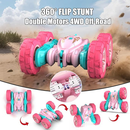 Pink Remote Control Car for Girls2.4 Ghz Double Sided RC Cars 360° Rotating Remote Control Crawler with USB-C Easy Charging Car Toys for 4 5 6 7 8 9 10 Girls Birthday Gift Grandkids