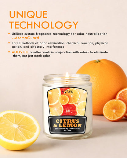 AOOVOO 4 Pack Citrus Lemon Odor Eliminating Candle - Up to 200 Hours Burn time, Eliminates 95% of Pet, Smoke, Food, and Other Smells Quickly, 36 oz Non Toxic Highly Fragranced Air Freshing Soy Candle