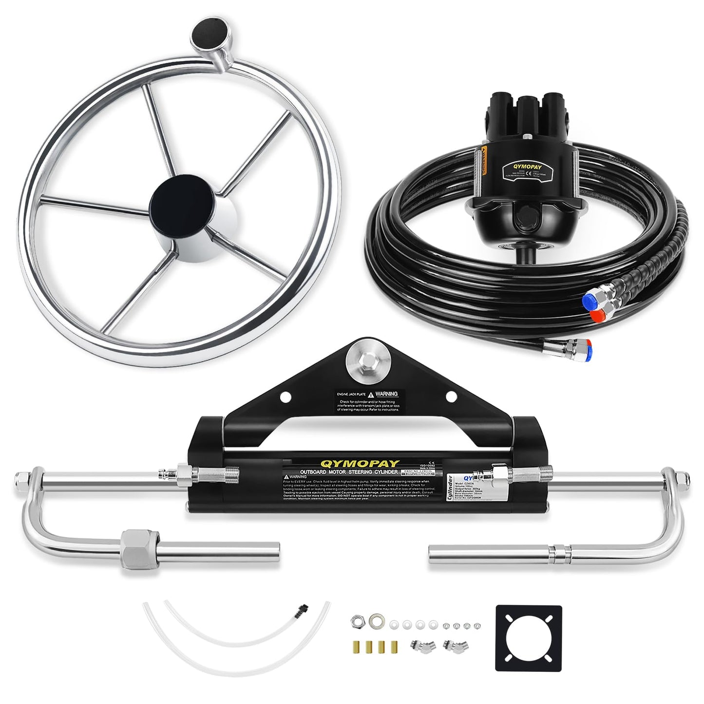 QYMOPAY 150HP Hydraulic Outboard Steering Kit, Marine Hydraulic Steering System with Bi-Directional Locking Cylinders and 24 ft High Strength Nylon Hose, Single Station, Single Engine Use