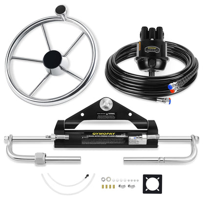 QYMOPAY 150HP Hydraulic Outboard Steering Kit, Marine Hydraulic Steering System with Bi-Directional Locking Cylinders and 24 ft High Strength Nylon Hose, Single Station, Single Engine Use