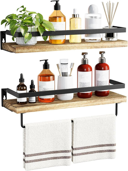 AMADA HOMEFURNISHING Bathroom Shelves with Towel Bar, Floating Shelves, Wall Shelves for Bathroom/Living Room/Kitchen/Bedroom, Light Brown Shelves Set of 2 - AMFS01