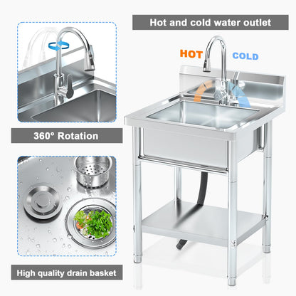 20Inch Stainless Steel Utility Sink, Commercial Single Bowl with Hot & Cold Water Lines, Drain Kit + Base Plate for Kitchen, Garage, Laundry