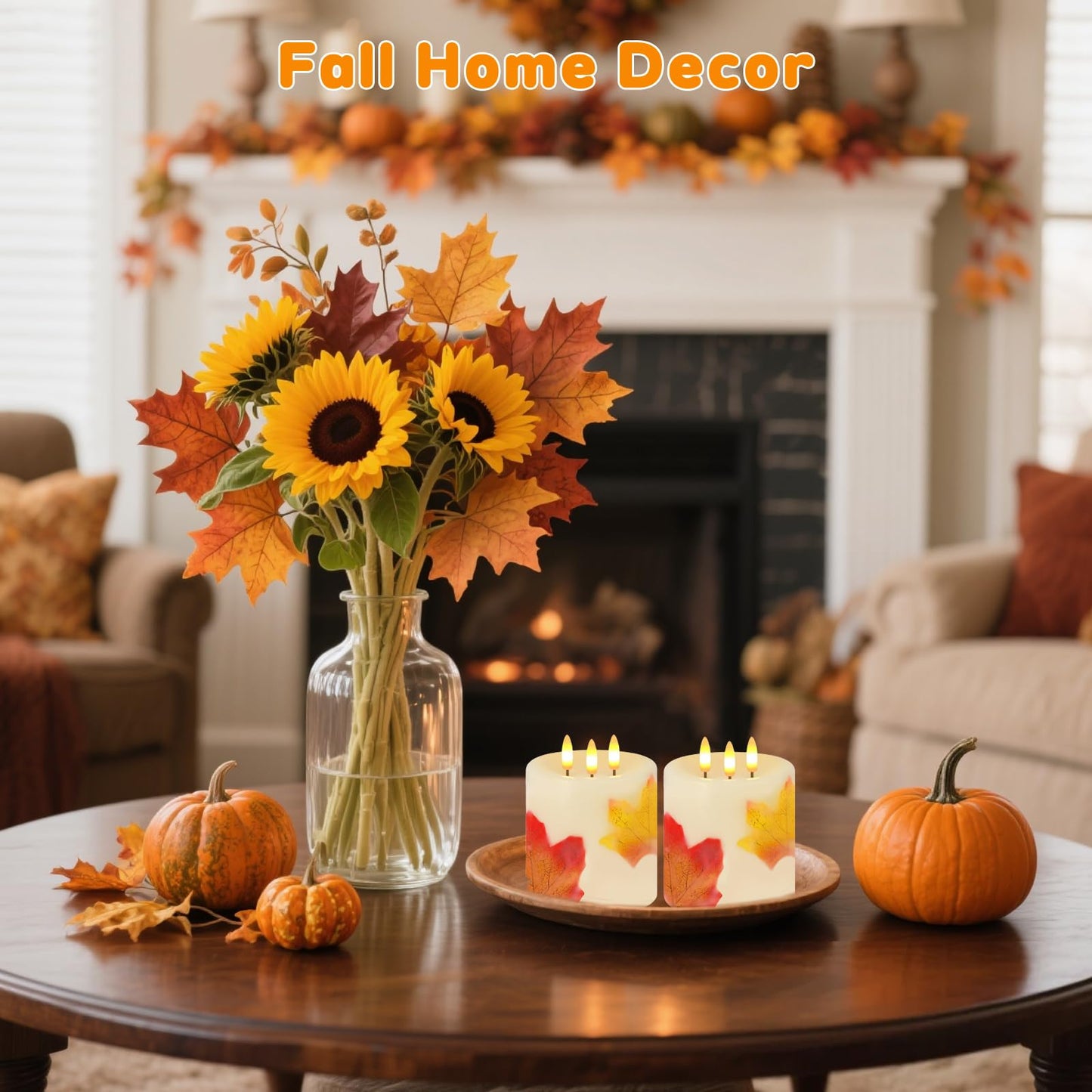 Large 3 Wick Flameless Candles Set of 2, 4"x4" Flickering Maple Leaves LED Candles with Remote & Timer, Real Wax Electric Pillar Candles Battery Operated, Fall Candles for Thanksgiving Autumn Decor