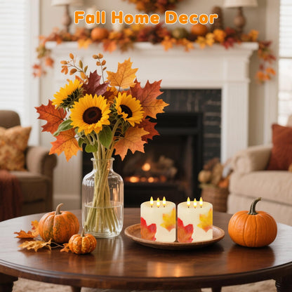 Large 3 Wick Flameless Candles Set of 2, 4"x4" Flickering Maple Leaves LED Candles with Remote & Timer, Real Wax Electric Pillar Candles Battery Operated, Fall Candles for Thanksgiving Autumn Decor
