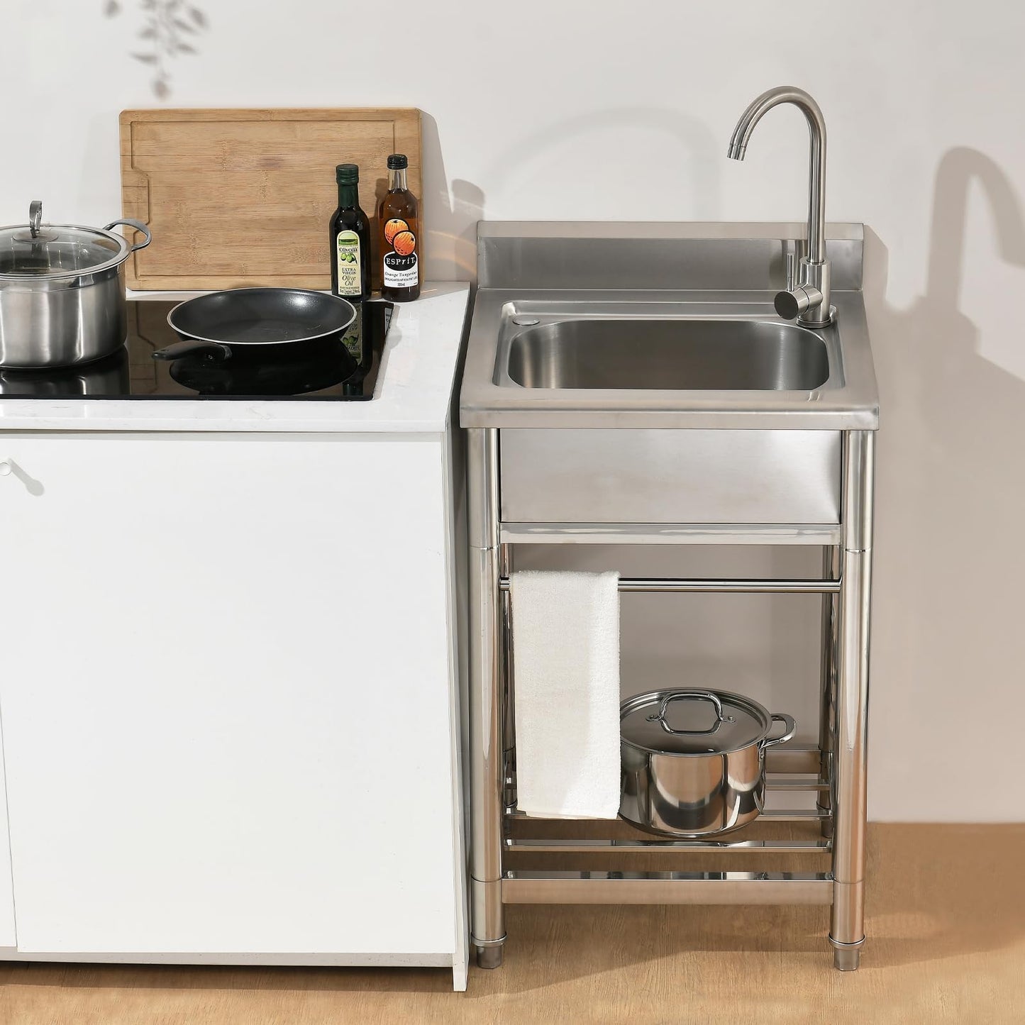 Bokaiya Stainless Steel Utility Sink, Free Standing Small Stainless Steel Sink with Faucet Laundry Room Sink 16 Gauge Single Bowl Outdoor Commercial Garage Sink (19"D x 23"W x 38"H)